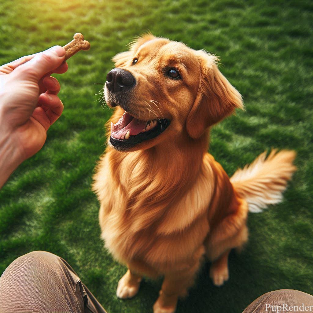 Dog receiving a treat.