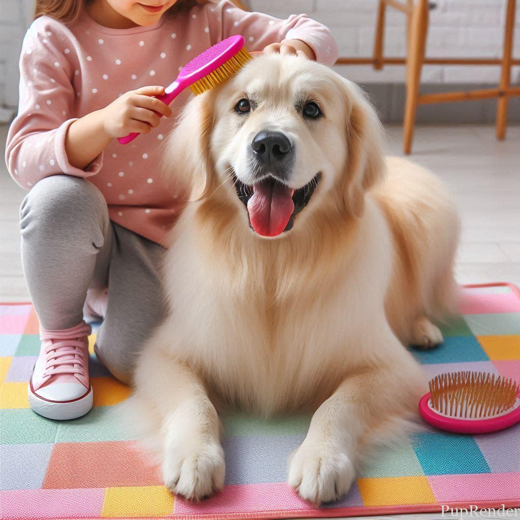 Dog being brushed by its owner.