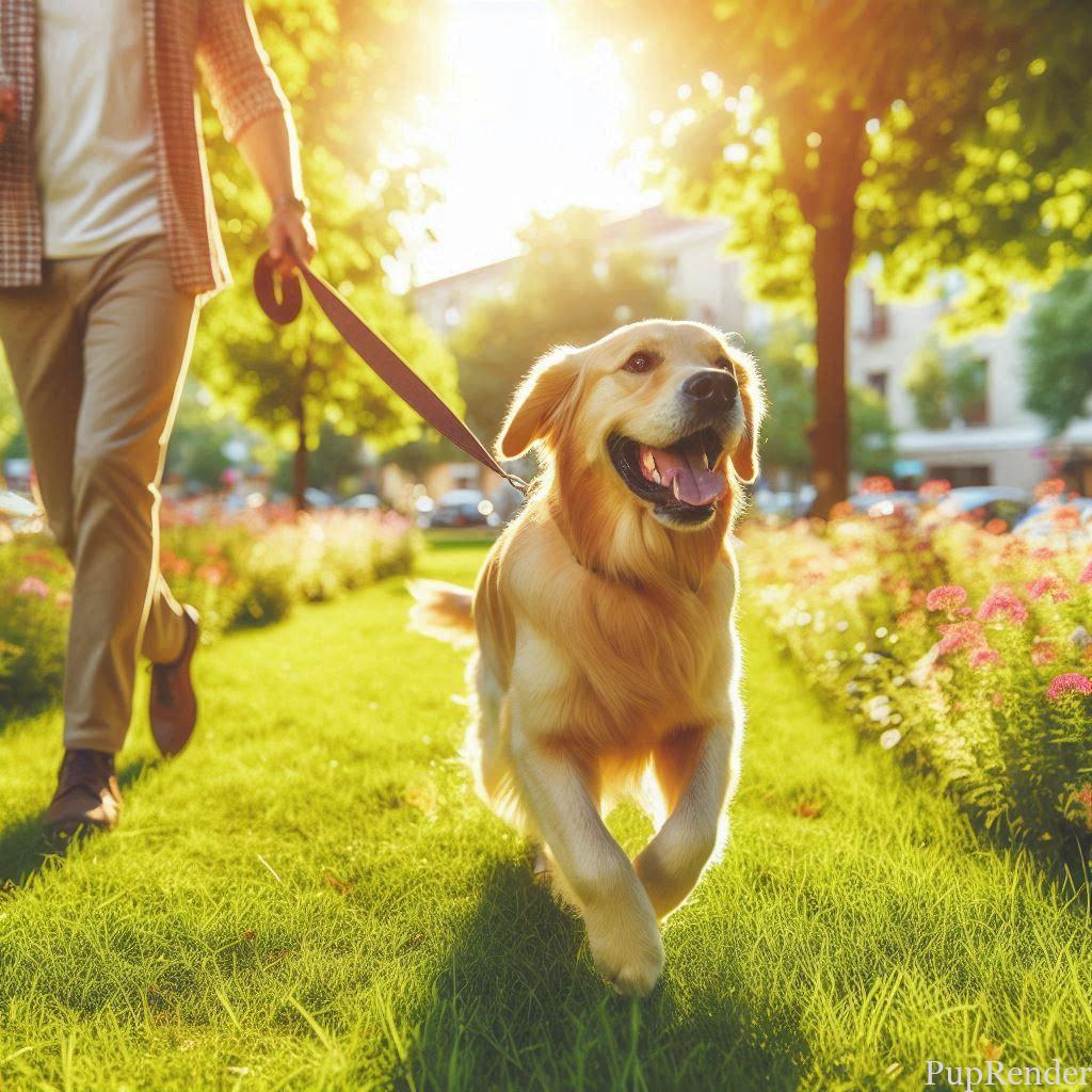 Dog pulling on a leash during a walk.