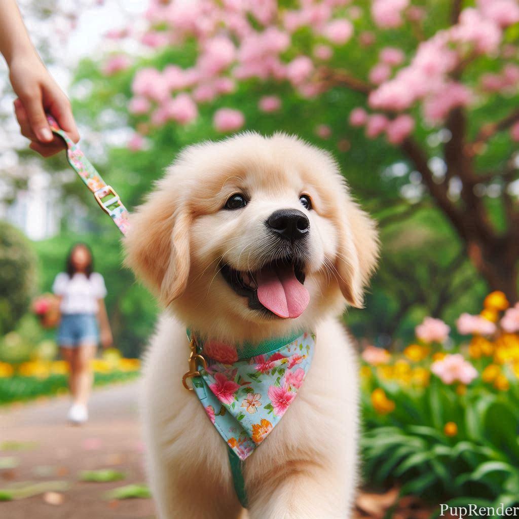 Puppy walking on a leash in a park with its owner.
