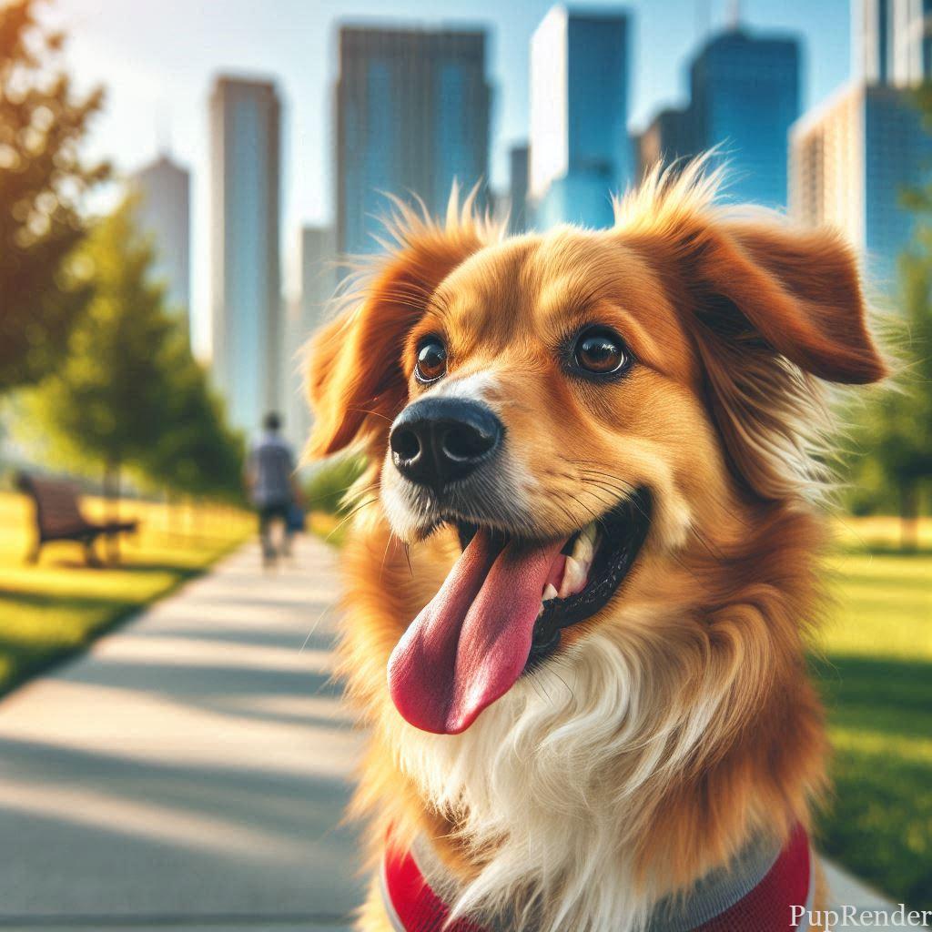 Dog happily walking in the park.