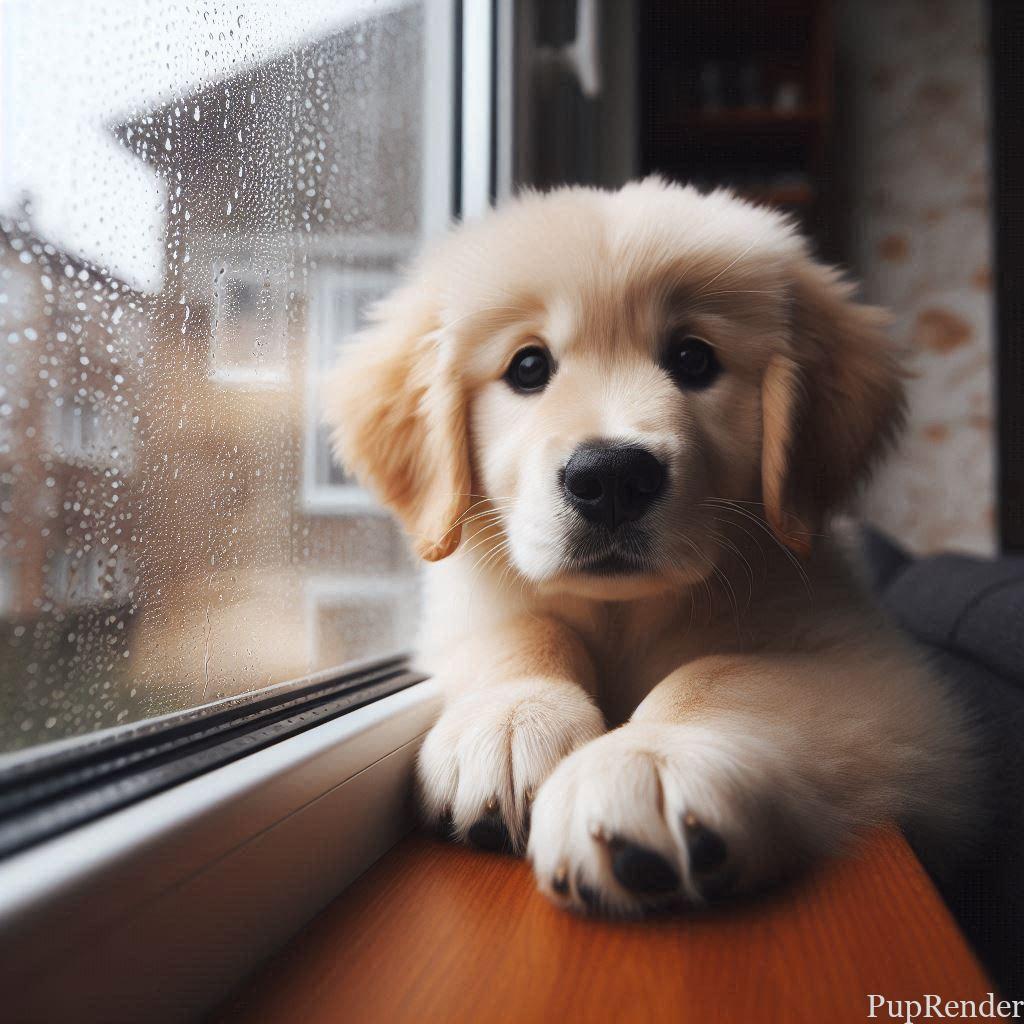 A worried dog staring out the window