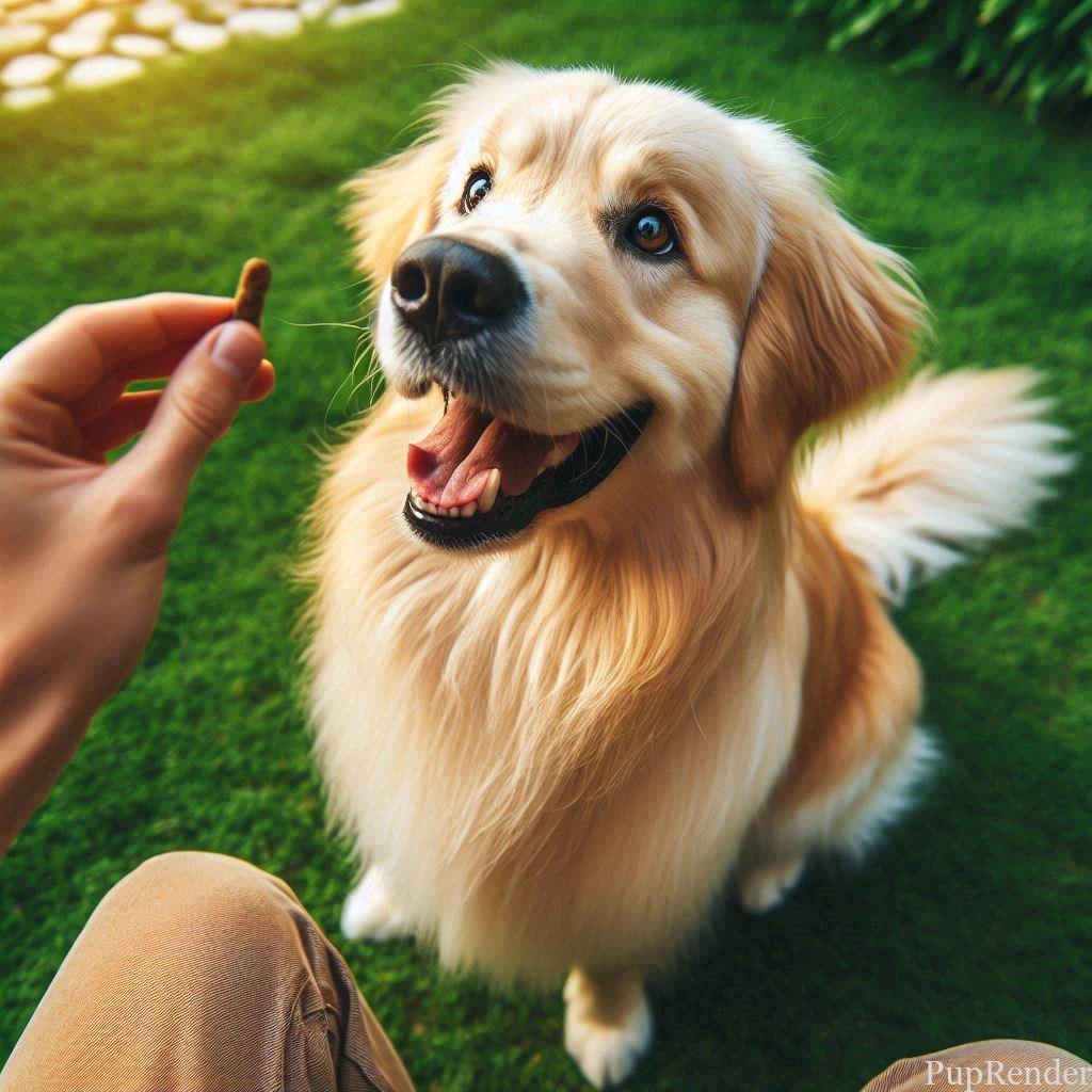 Dog receiving a treat from its owner.