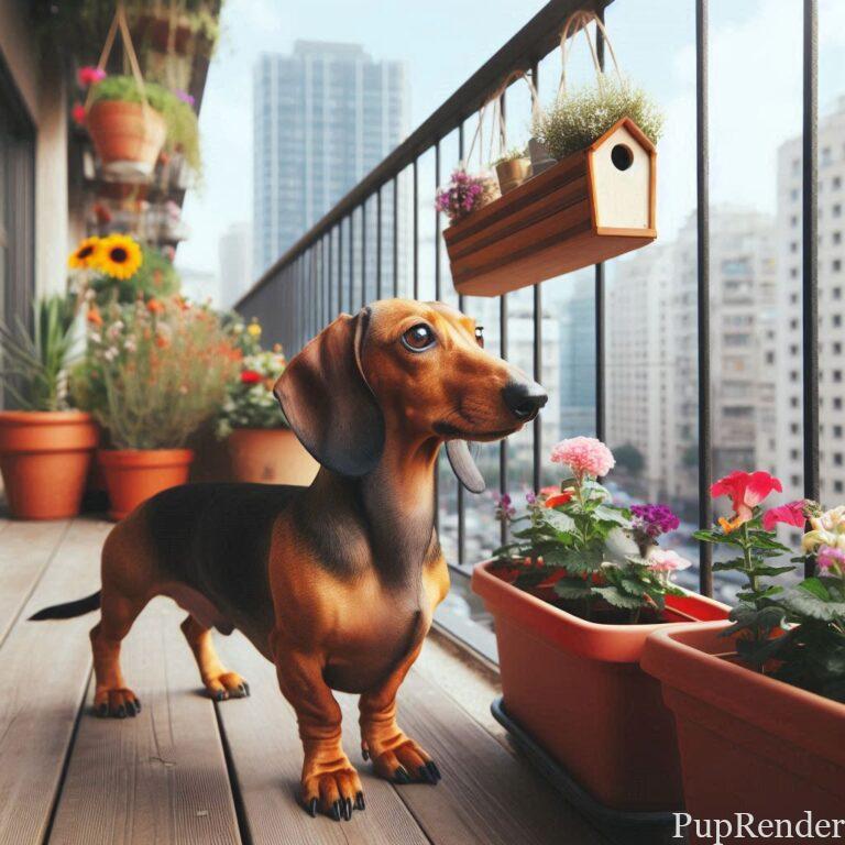 Dachshund sniffing on an apartment balcony