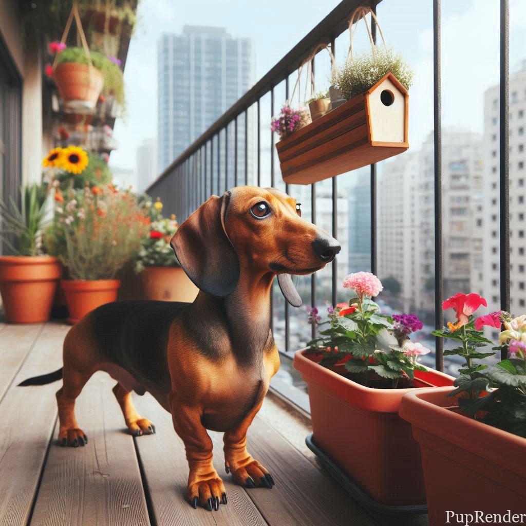 Dachshund sniffing on an apartment balcony
