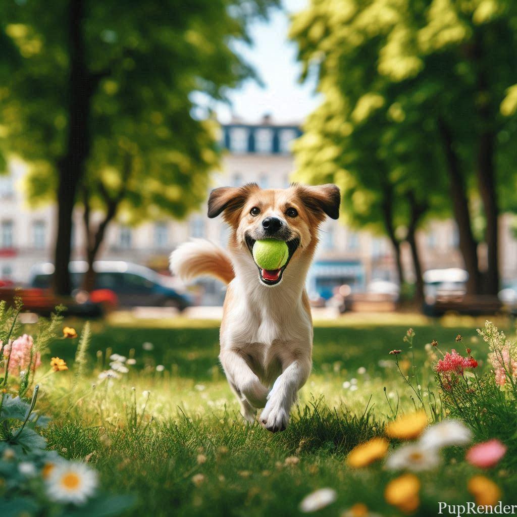 Rescue dog running in park with owner