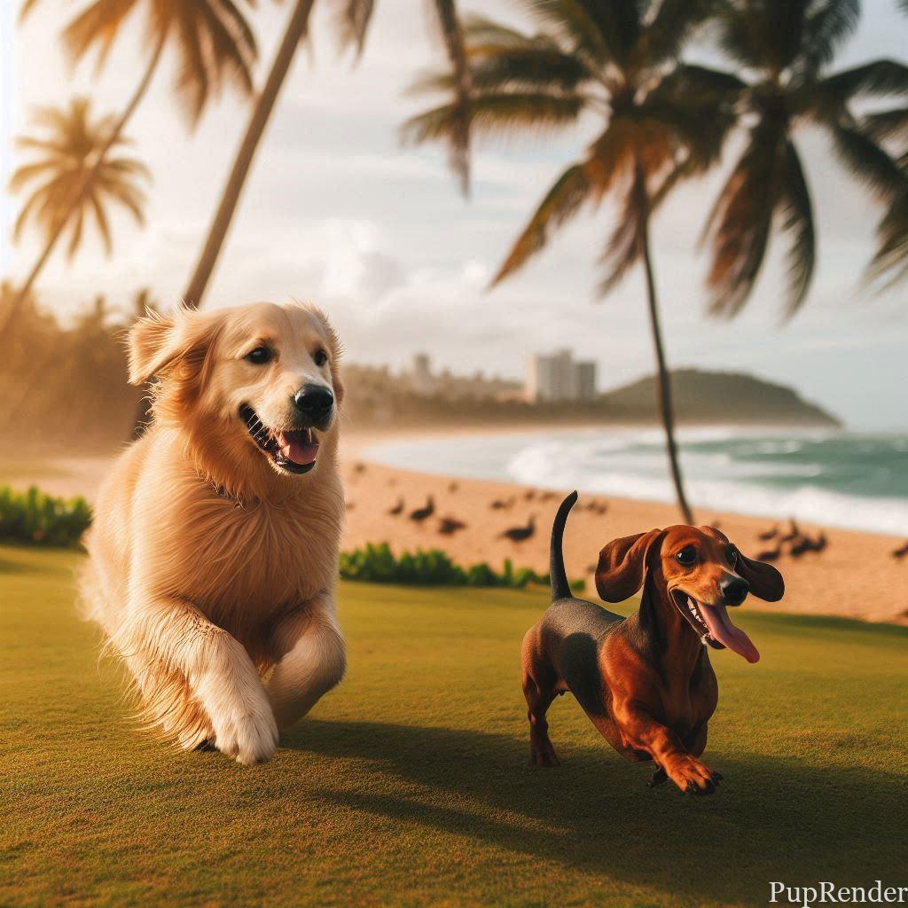 Dogs playing at a beach