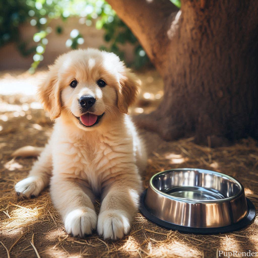A dog walking along a mulch path in the backyard