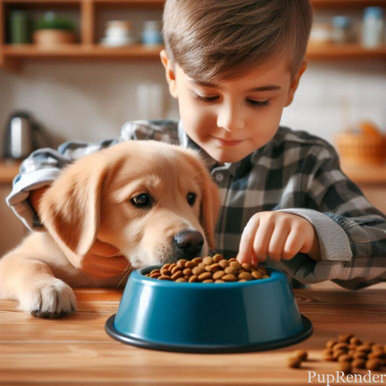 Child feeding a dog in the kitchen