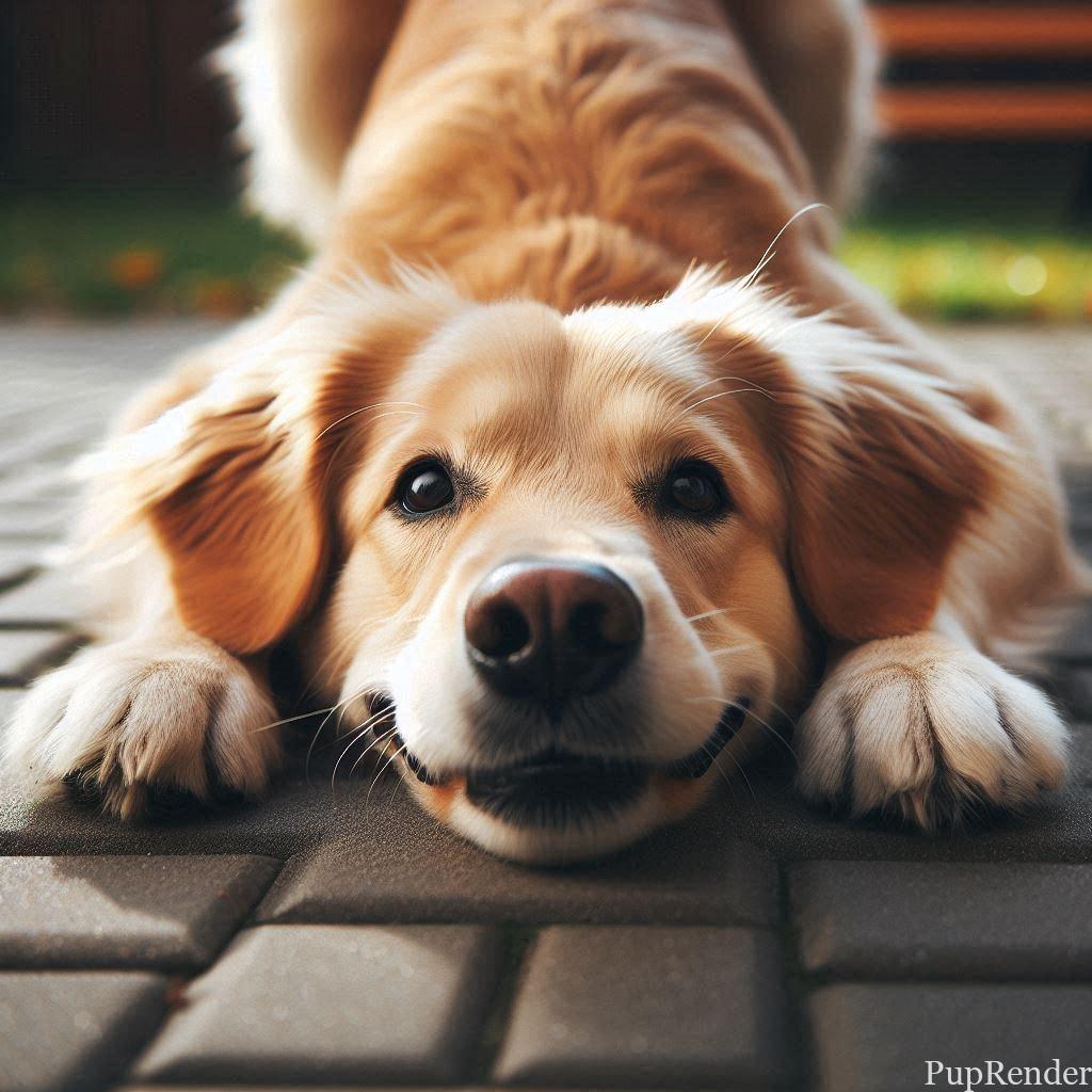 Playful dog in a play bow position.