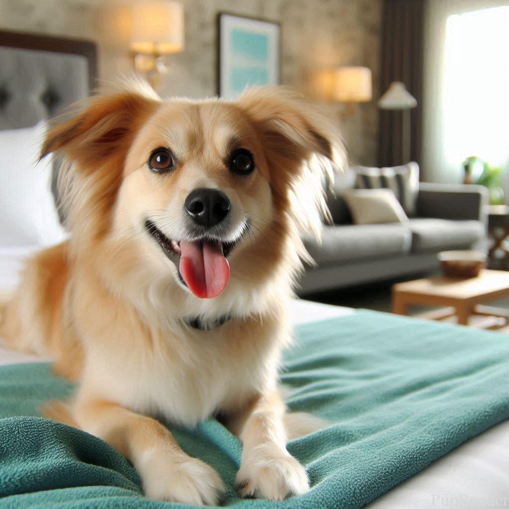 A dog enjoying its stay at a pet-friendly hotel.