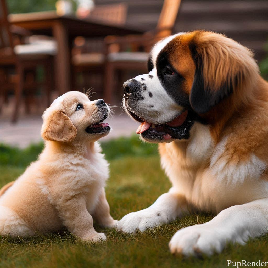 puppy looking up to bigger dog