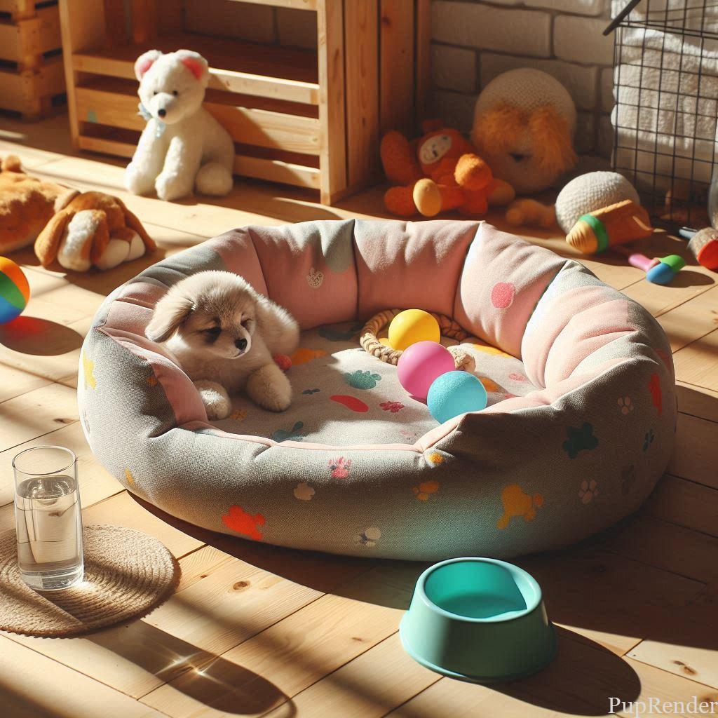 A cozy dog bed in a quiet corner with toys and a water bowl.