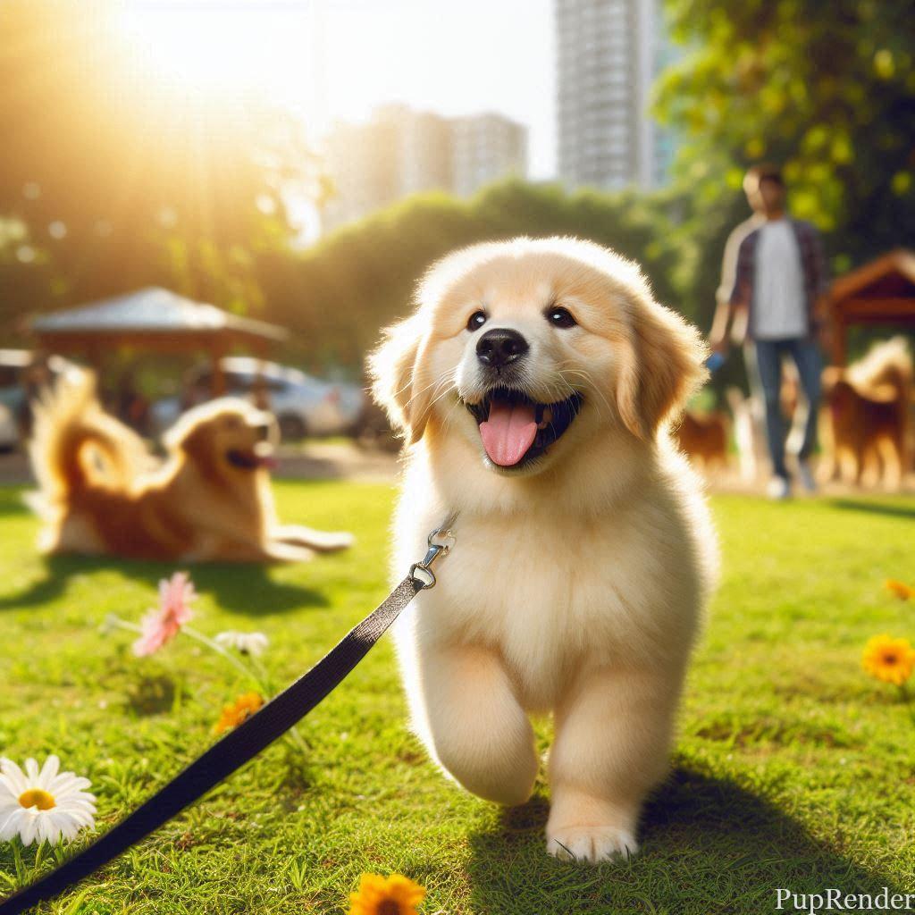 Dog and owner happily walking on a leash