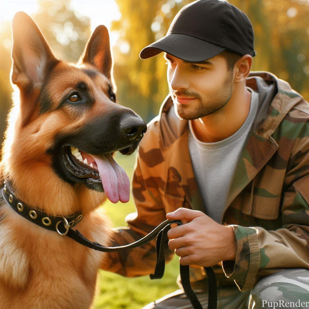 A professional dog trainer guiding a German Shepherd through commands.