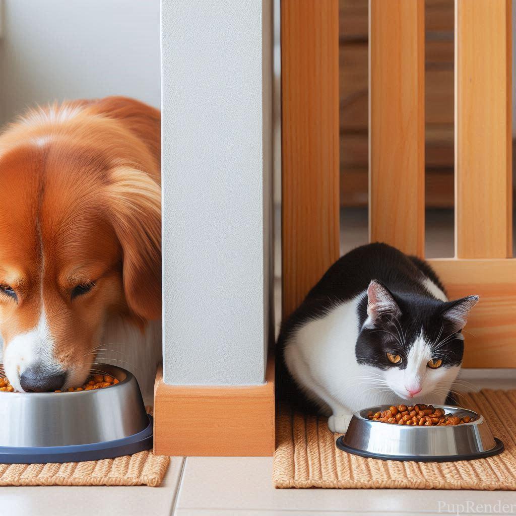 A dog and cat eating in separate areas.
