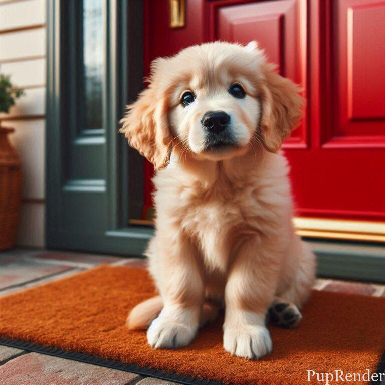 Happy new dog owner holding a puppy