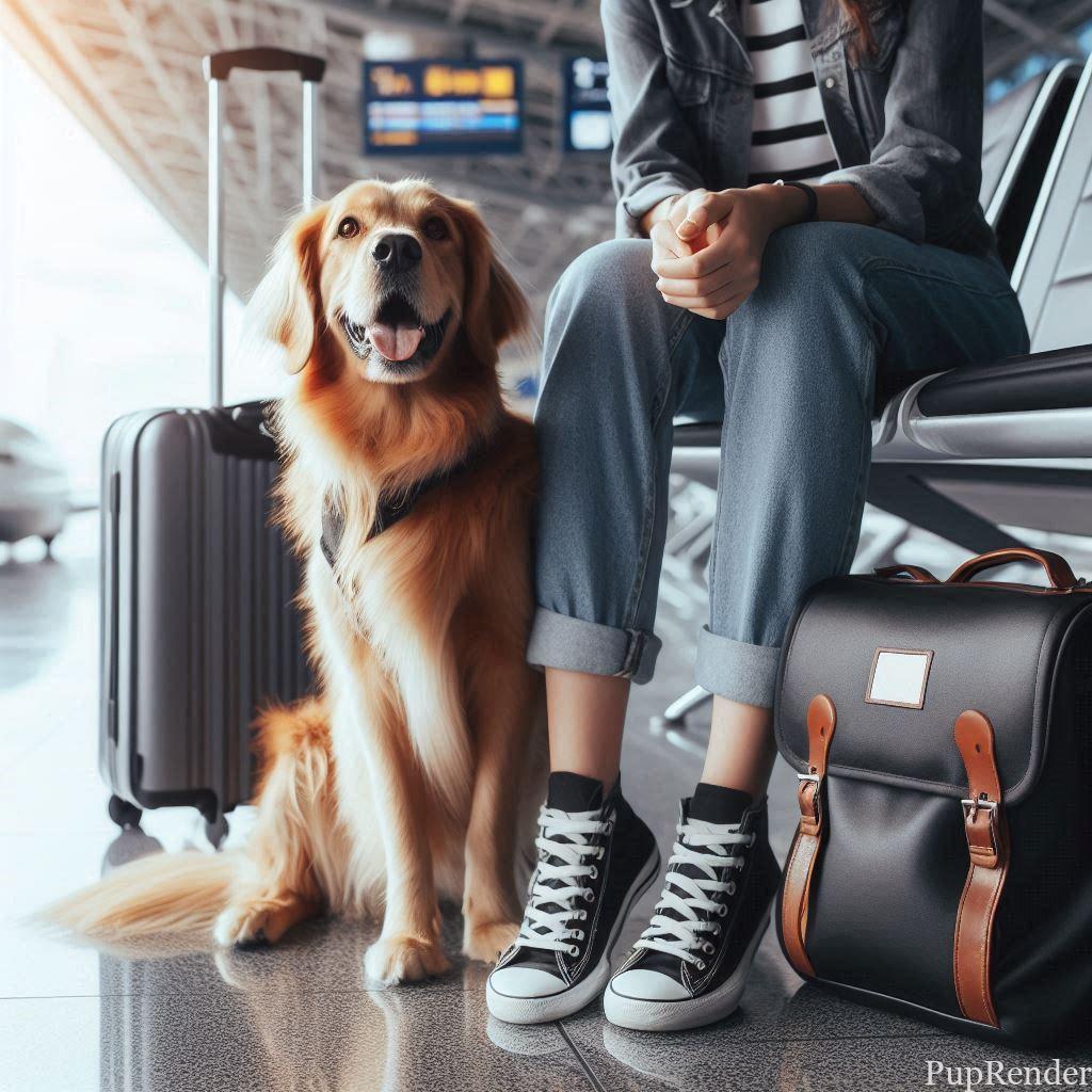 A dog sitting by its owner at the airport, ready for a flight.