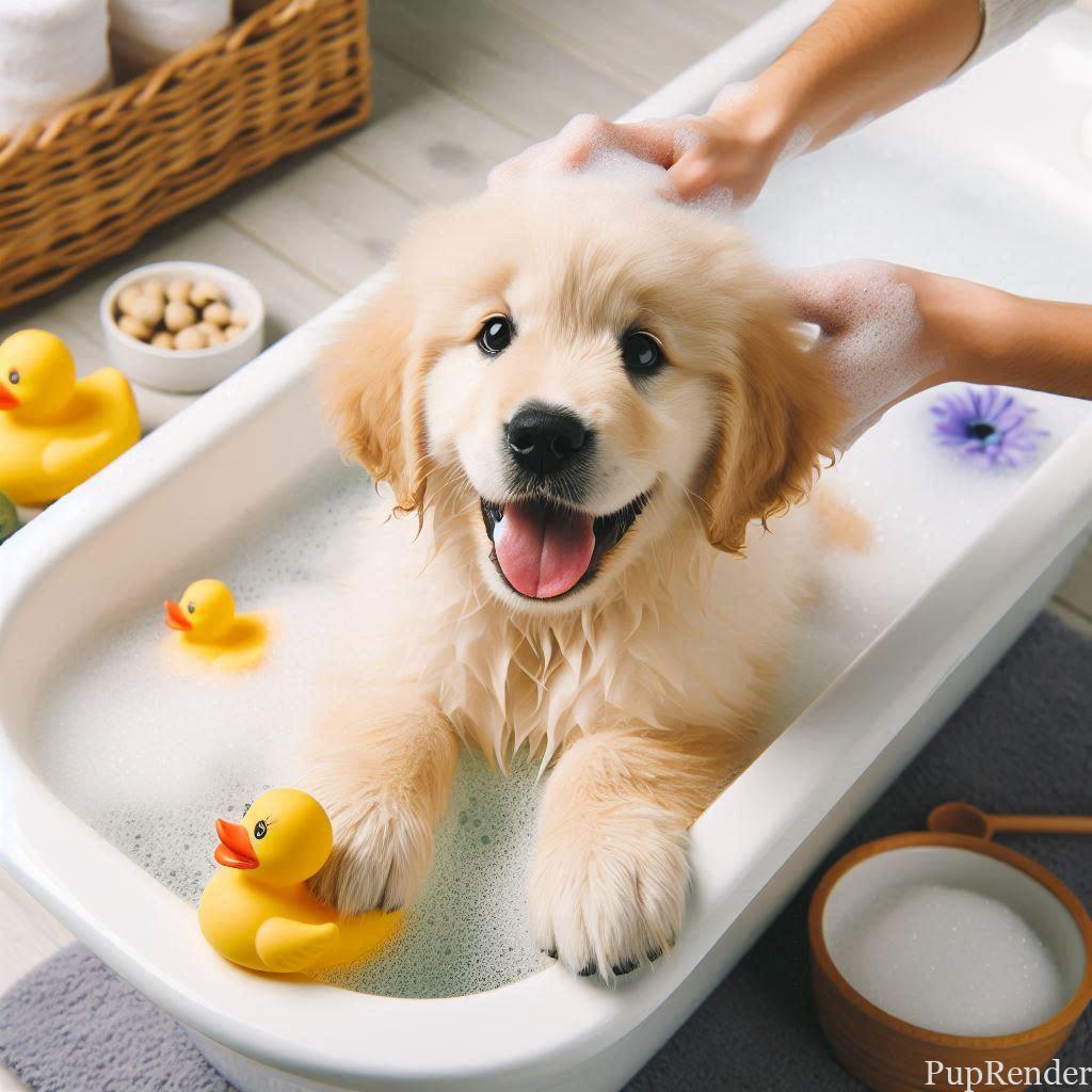 Dog playing with a bath toy