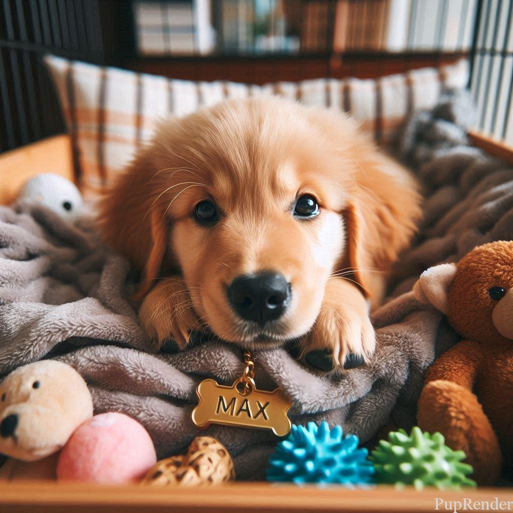 A calm dog lying down in their crate, looking relaxed.