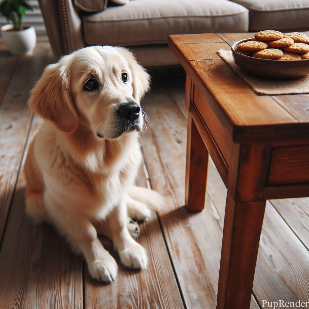 Dog sitting calmly beside the table