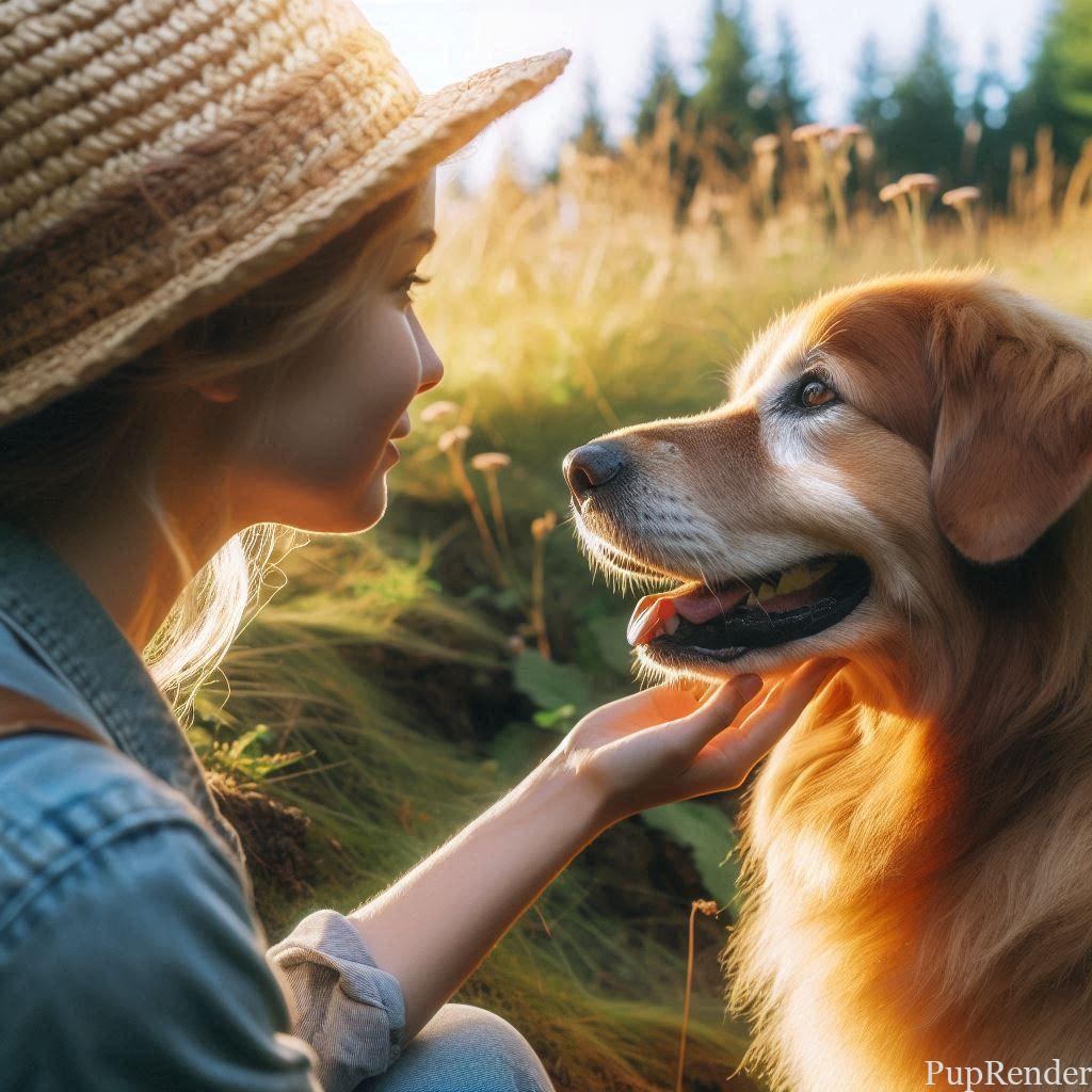 Happy dog looking up at its owner