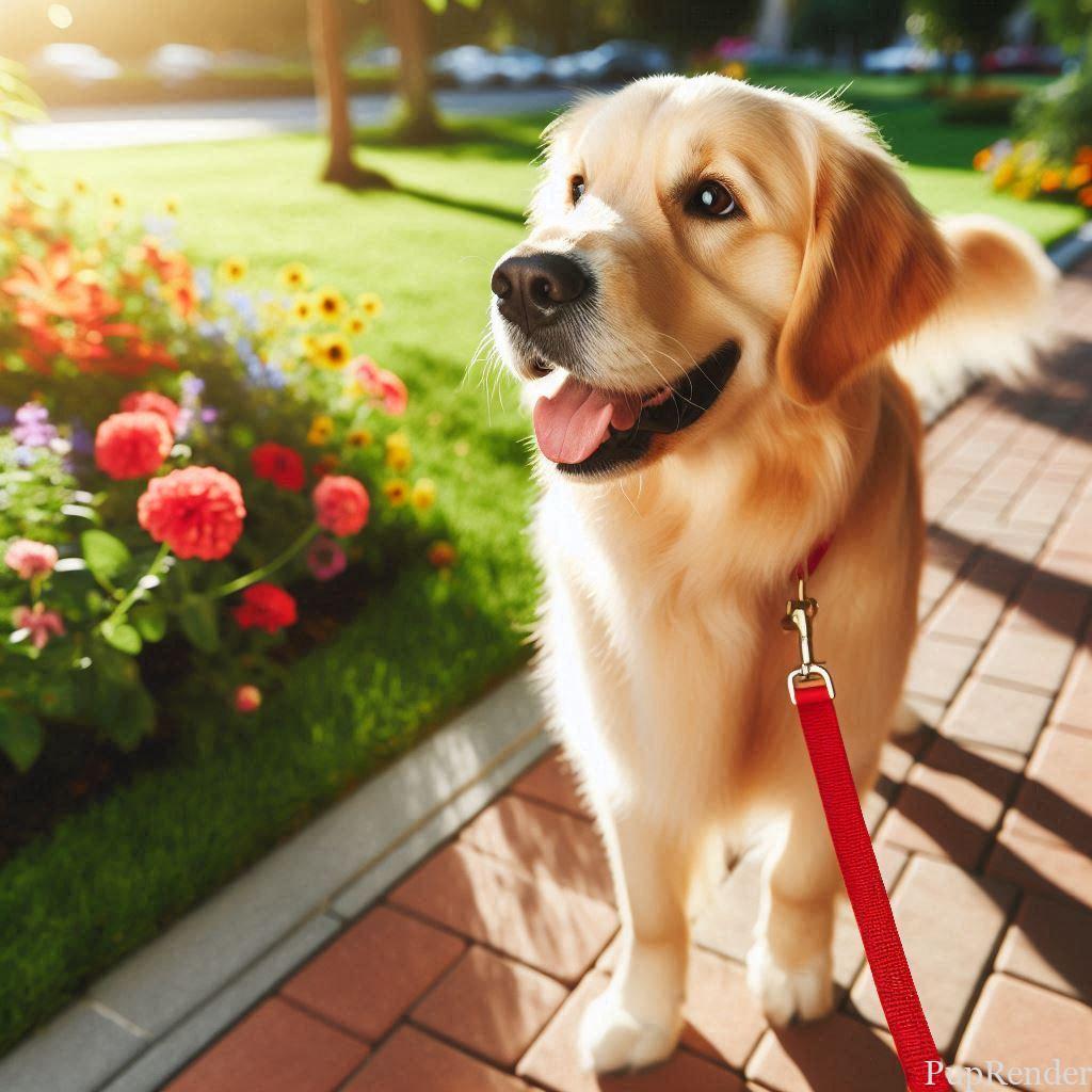 A smiling dog walking on a leash