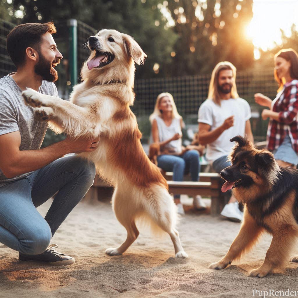 Two dogs playing together in a dog park while their owners chat in the background.