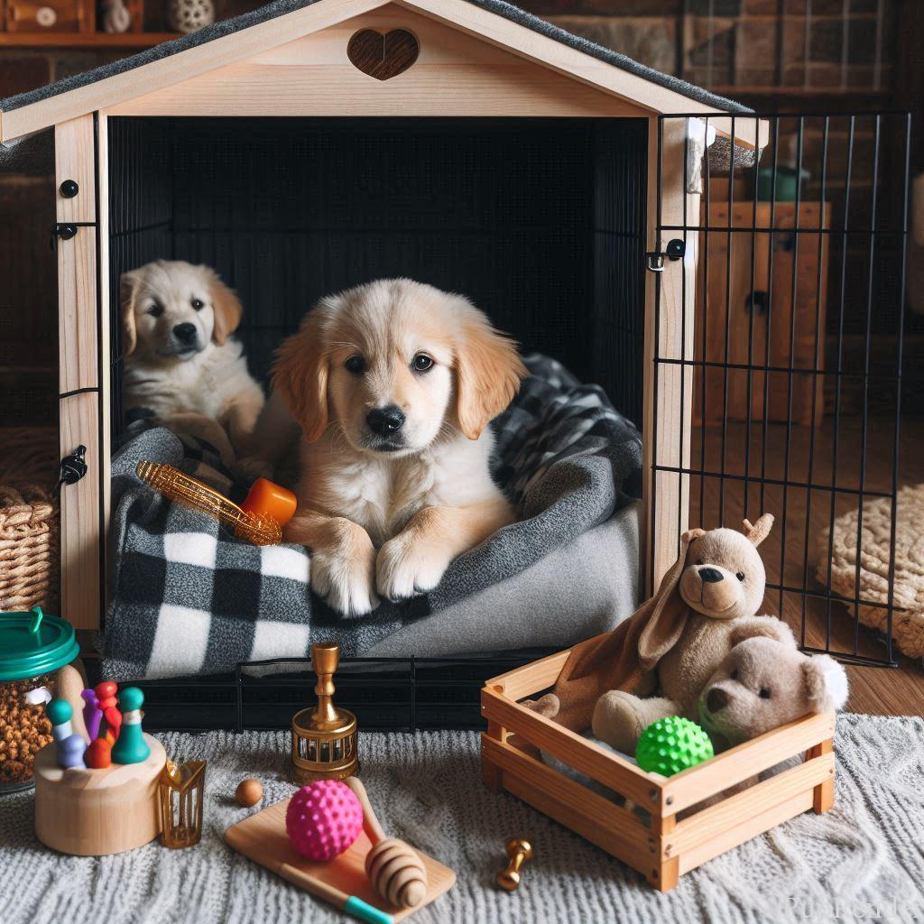 A cozy crate setup for a puppy with a blanket and toys.