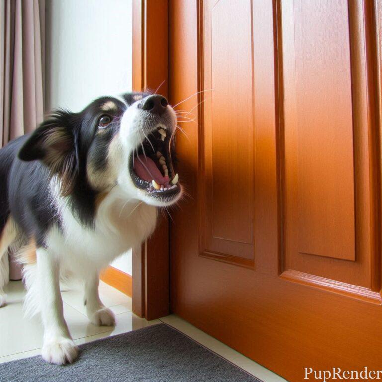 Dog barking excessively at a closed door.