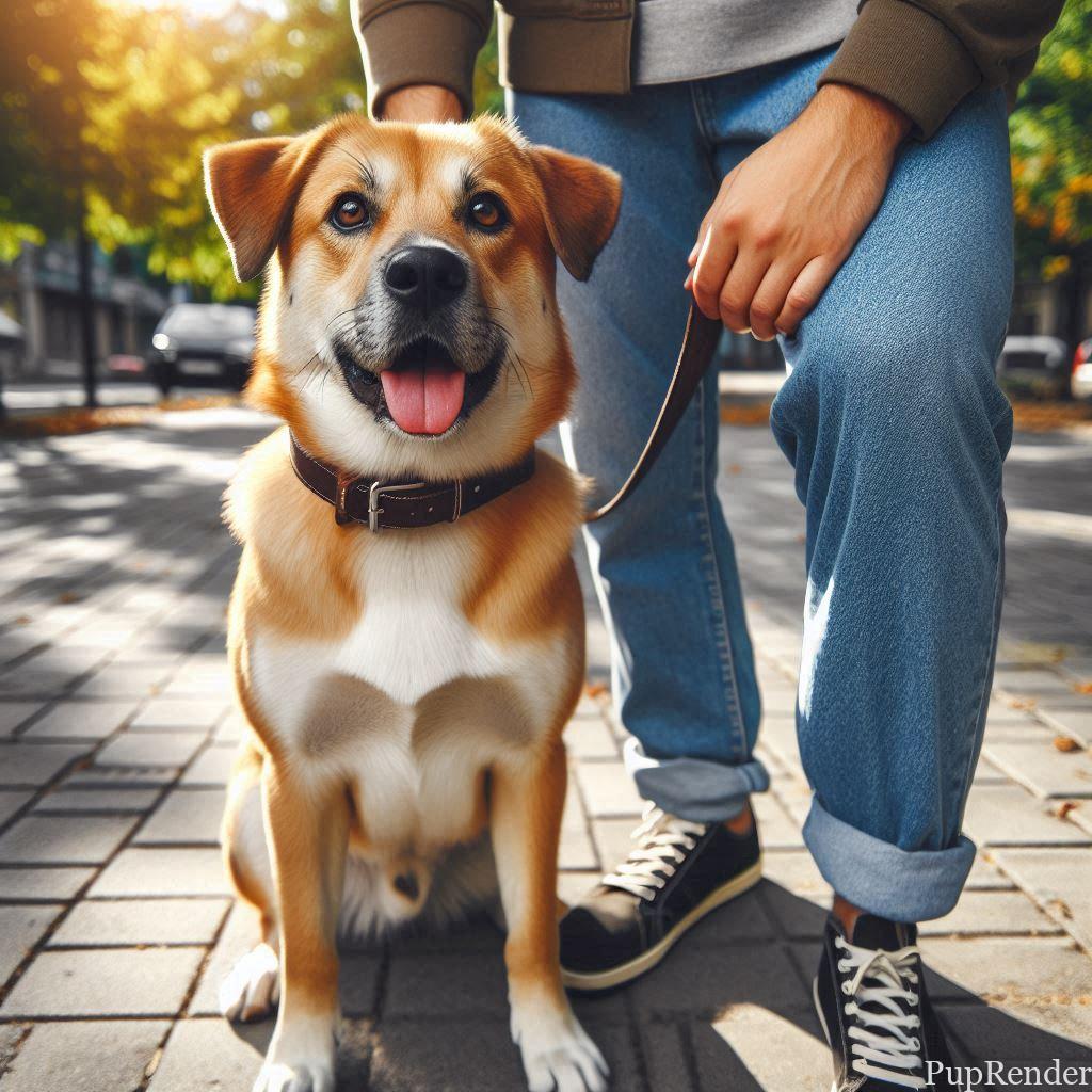 Obedient dog sitting next to owner.
