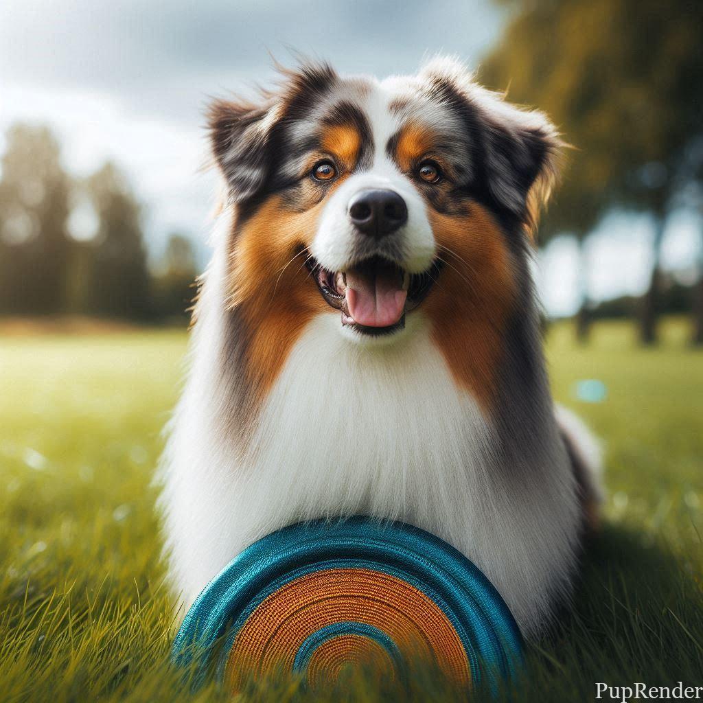 Australian Shepherd standing on a mountain trail.