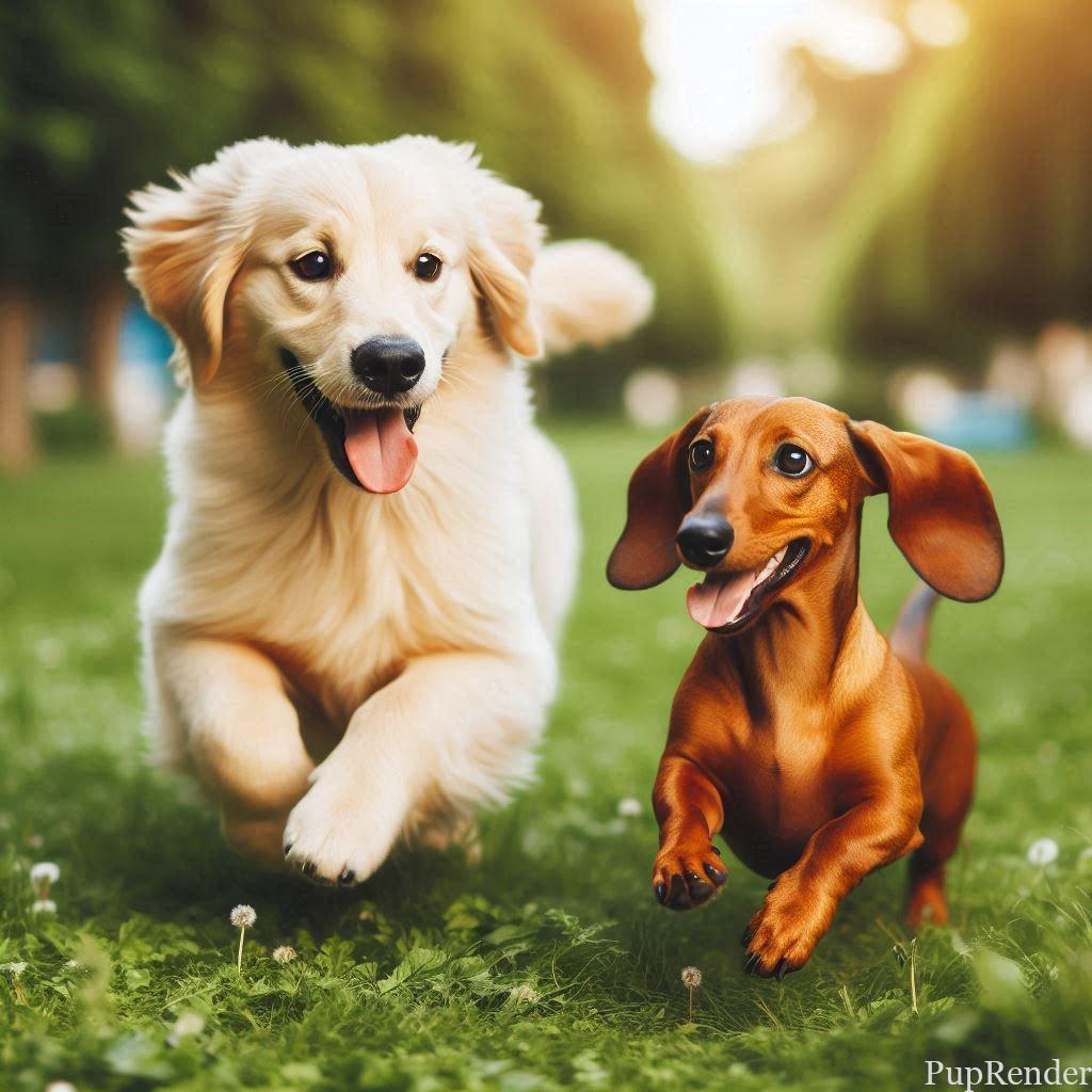 Dogs playing together at the park.