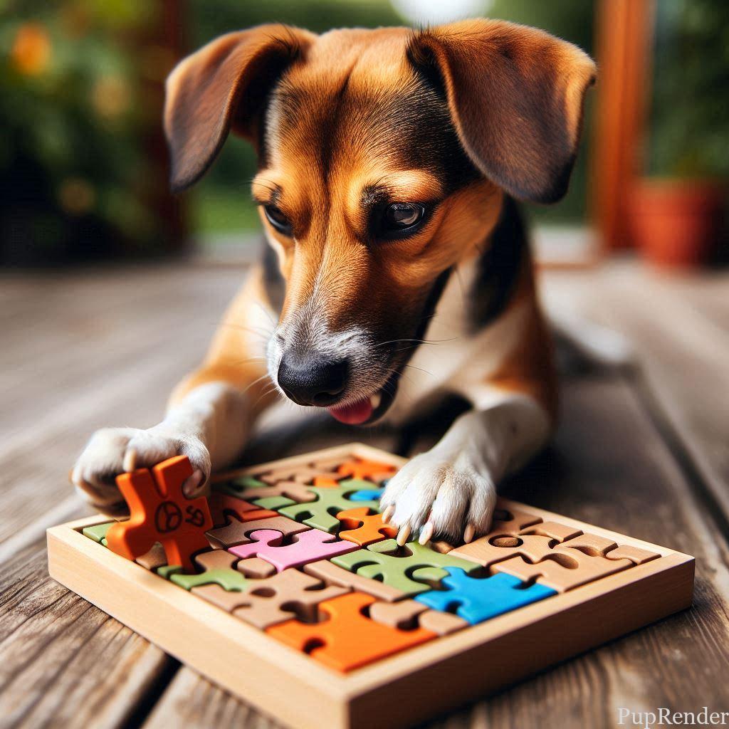 Dog playing with a puzzle toy