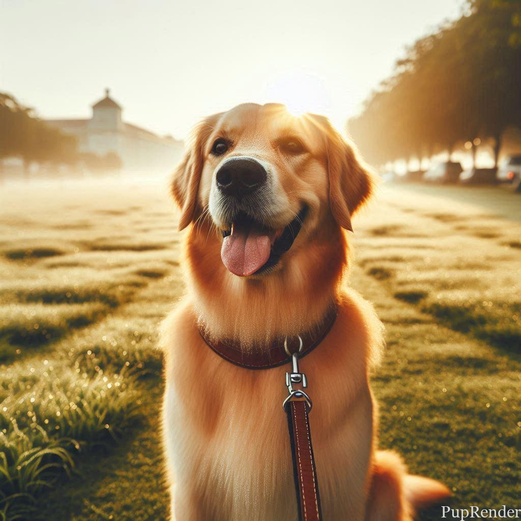 Dog walking in the early morning sun