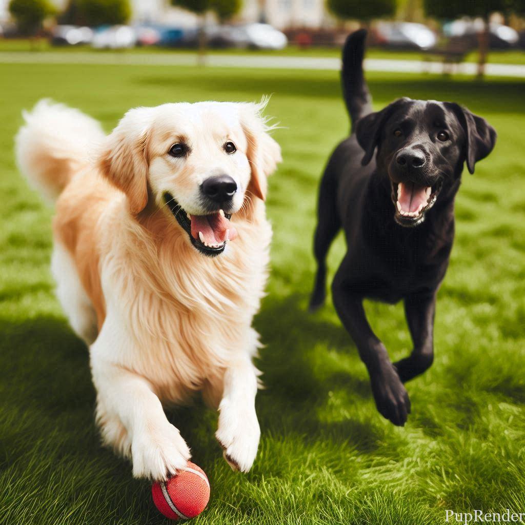 Happy dogs playing outside.