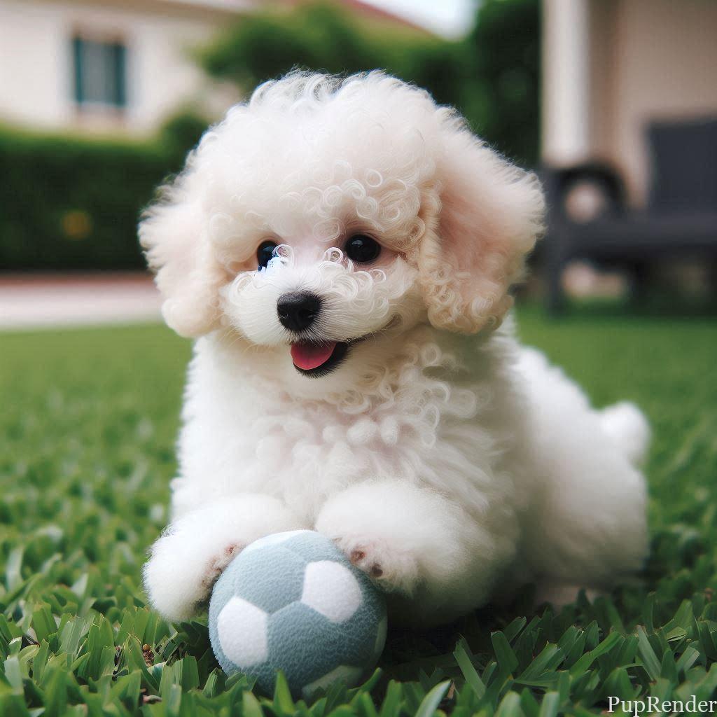 A fluffy white poodle puppy playing on a lawn.
