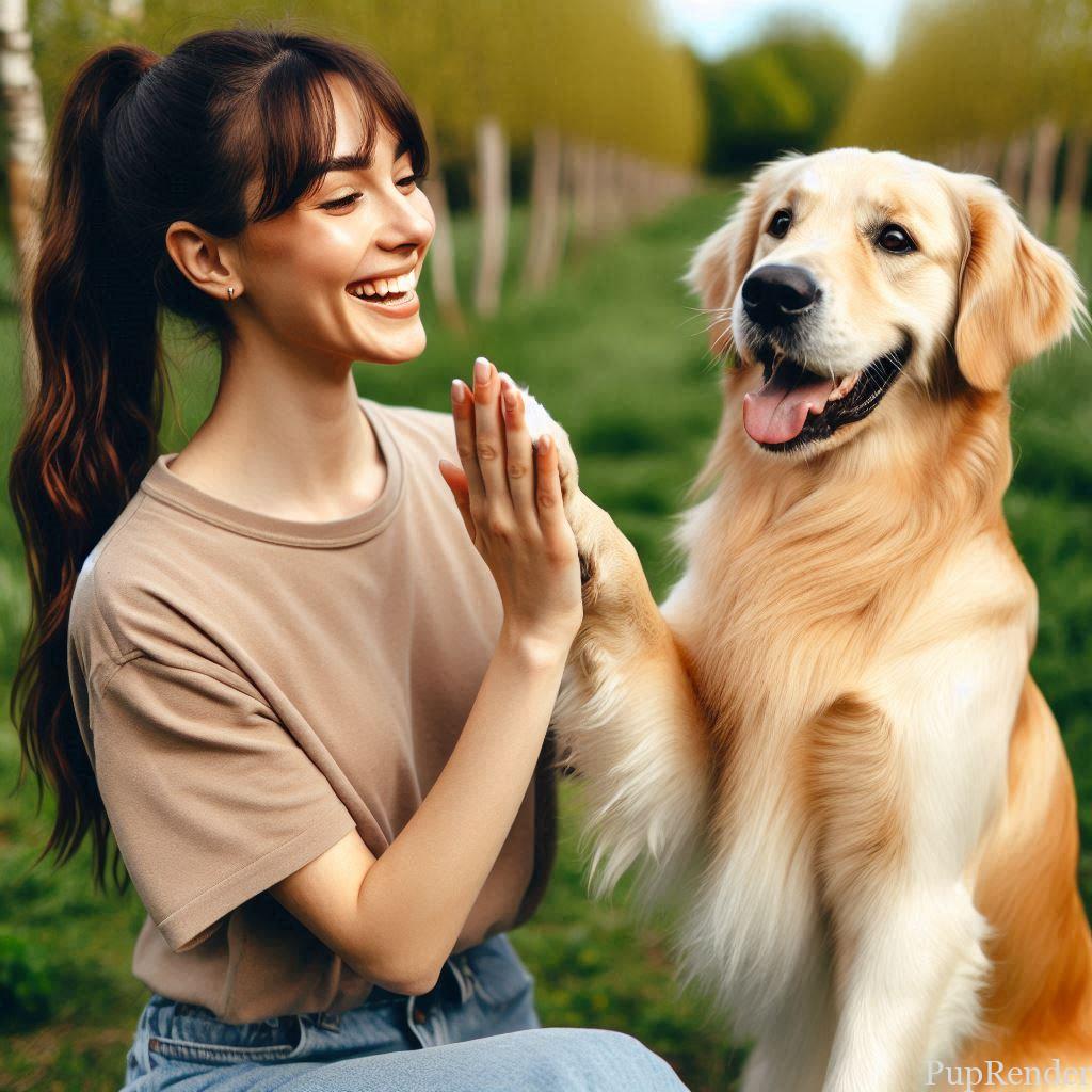 A dog giving a high five to their owner.