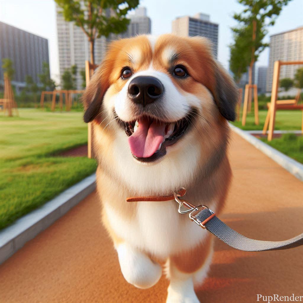 A dog happily walking on a leash in the park