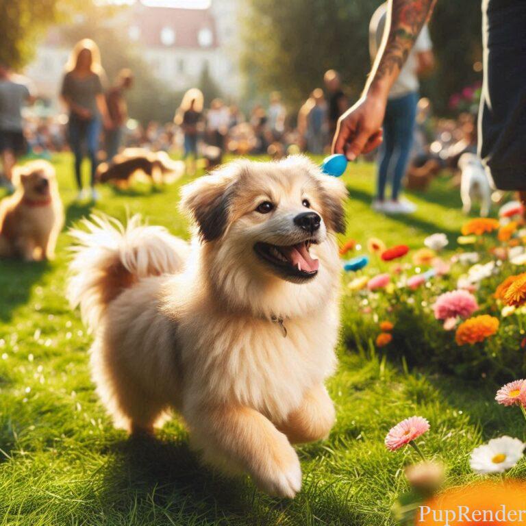 Rescue dog at park with owner