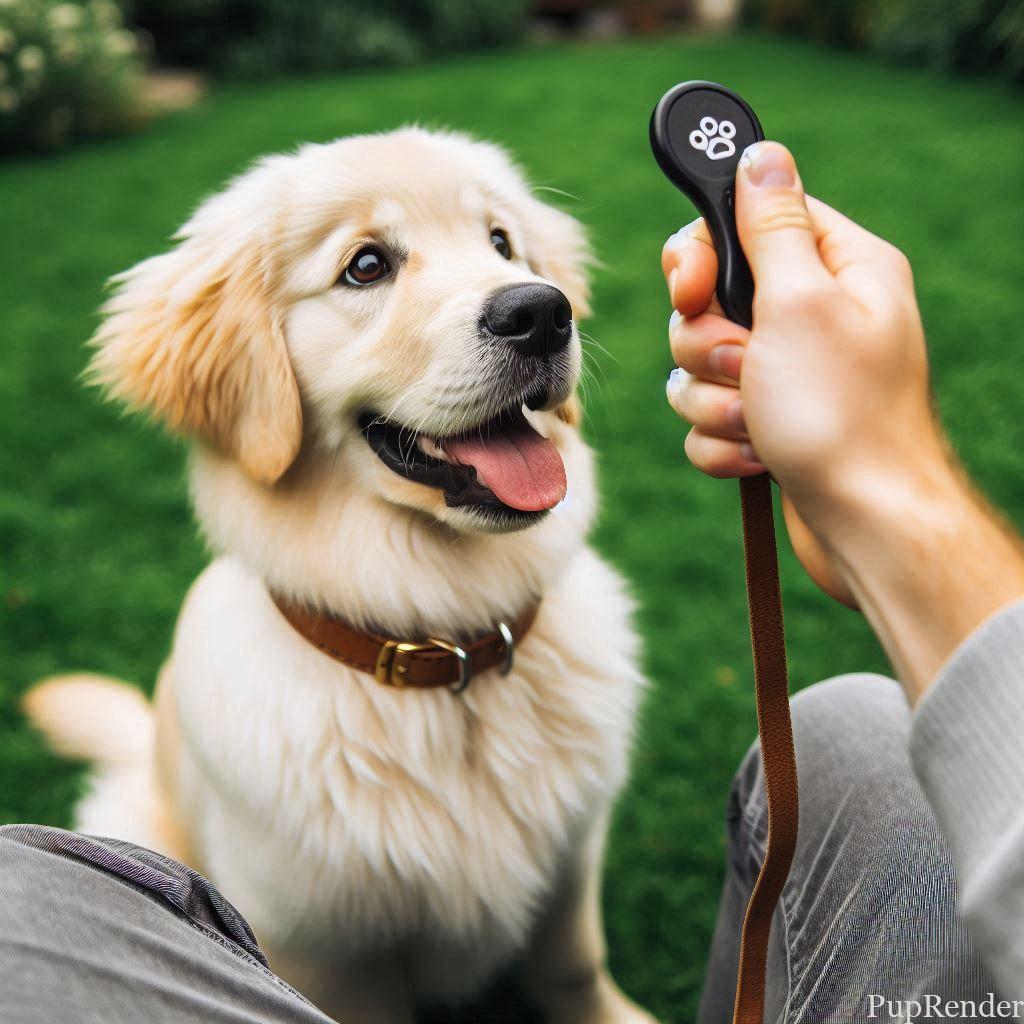 A dog trainer holding a clicker and smiling.