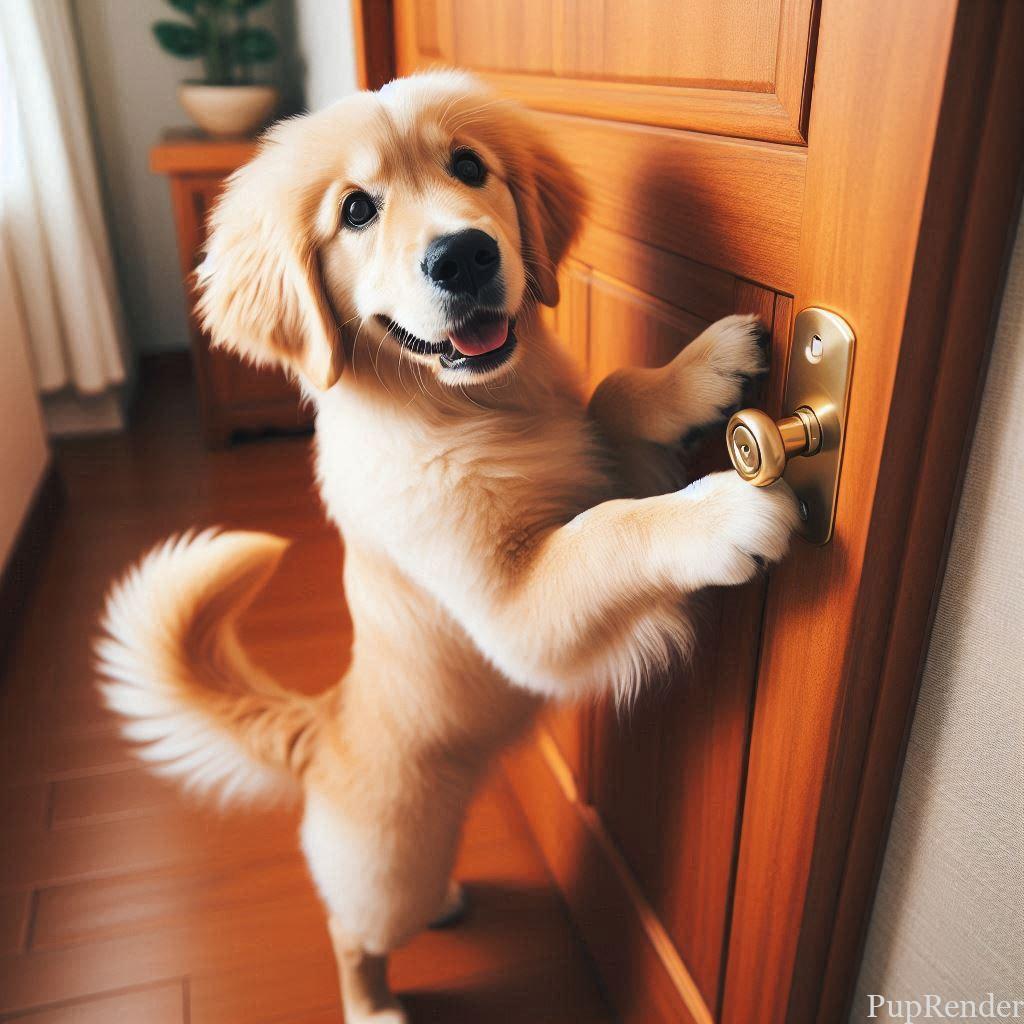 Clever dog opening a door