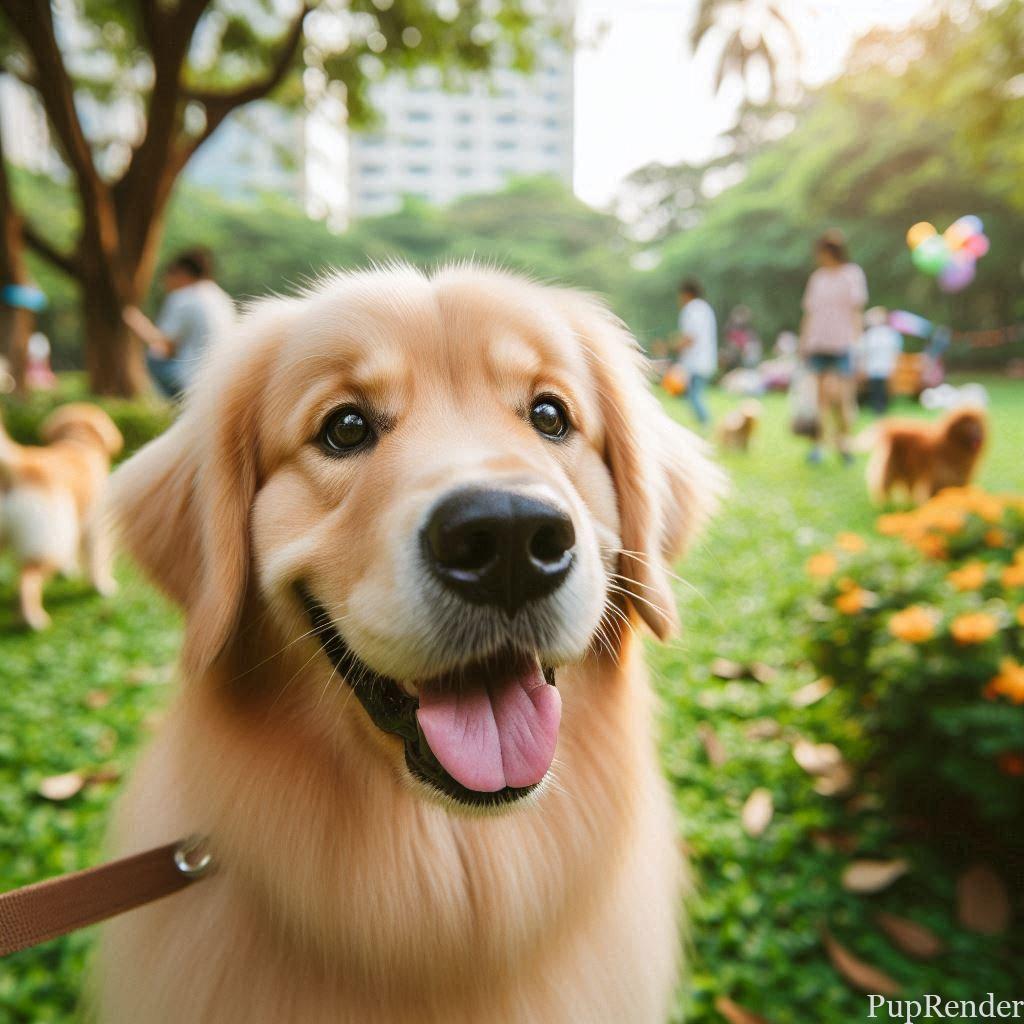 Dog walking on a leash in a park