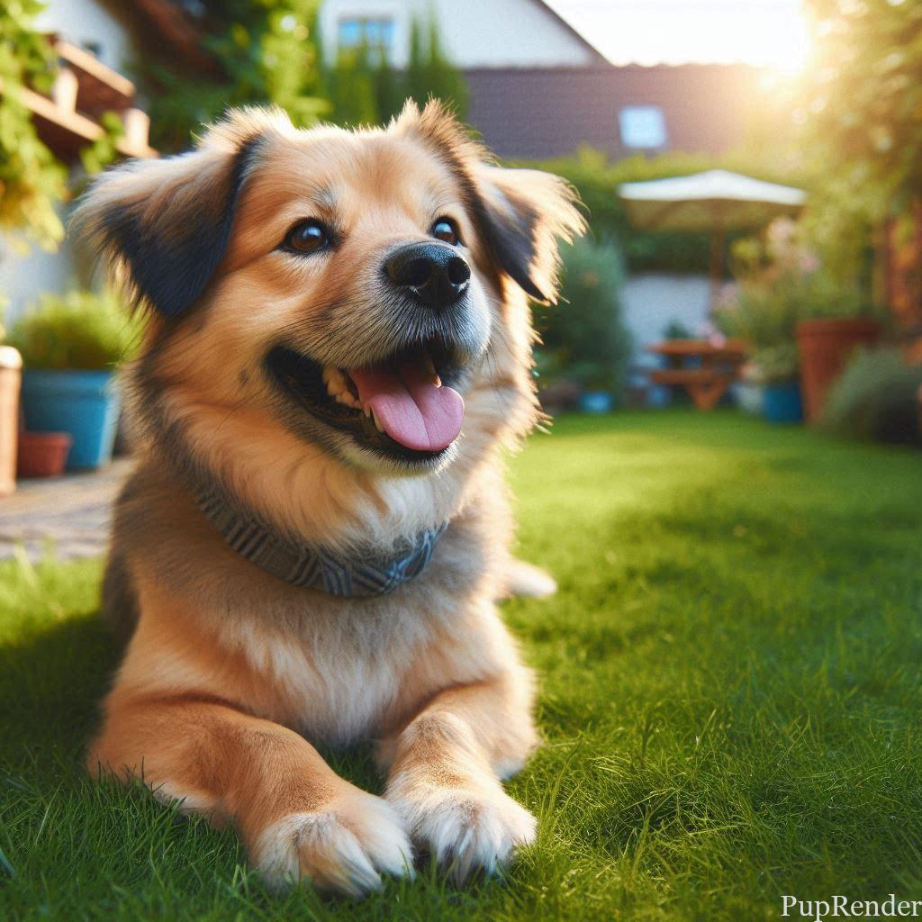 Happy, healthy dog playing in a garden.