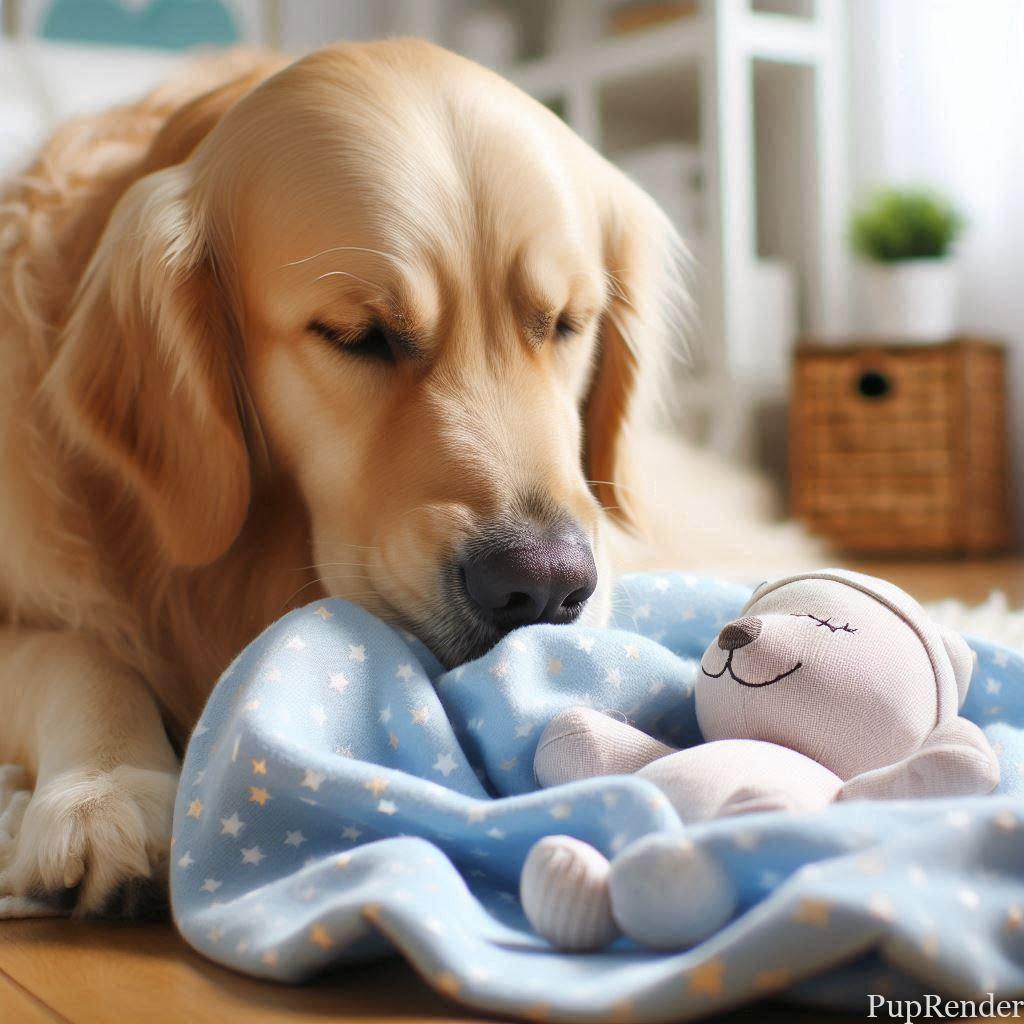 Dog smelling a baby blanket