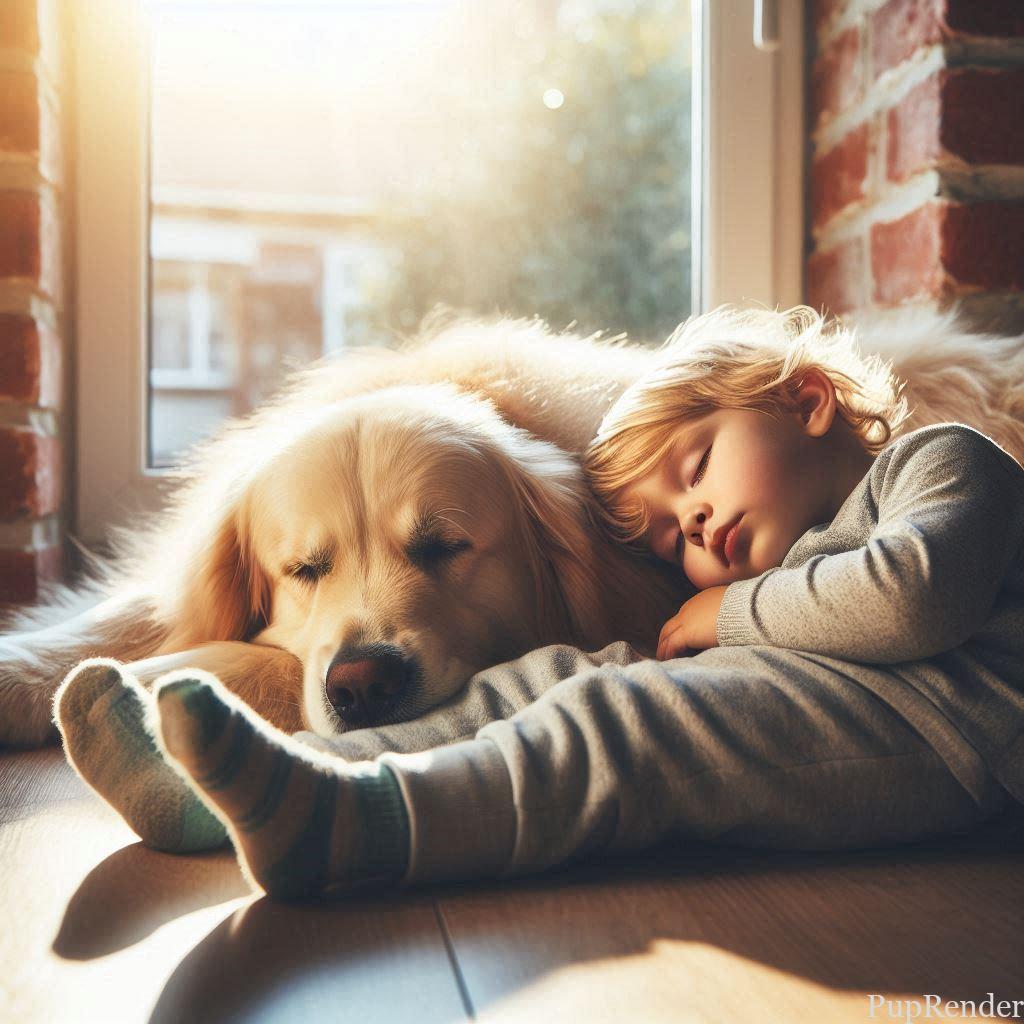 Dog sitting beside a sleeping child