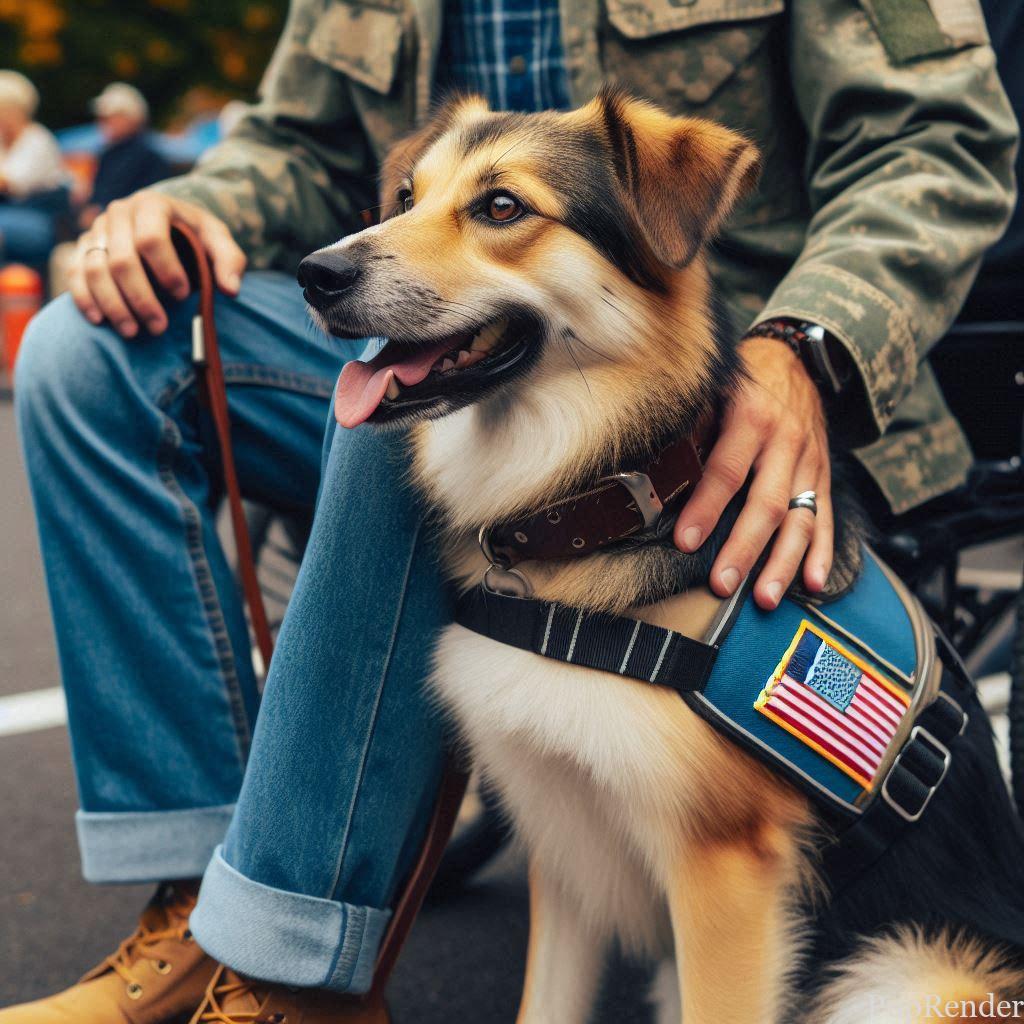 A service dog with a vest sitting next to its owner.