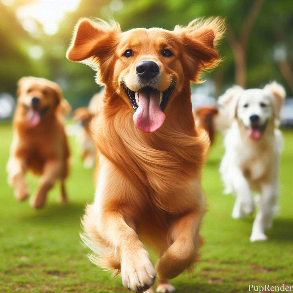 Group of dogs playing together in a park.