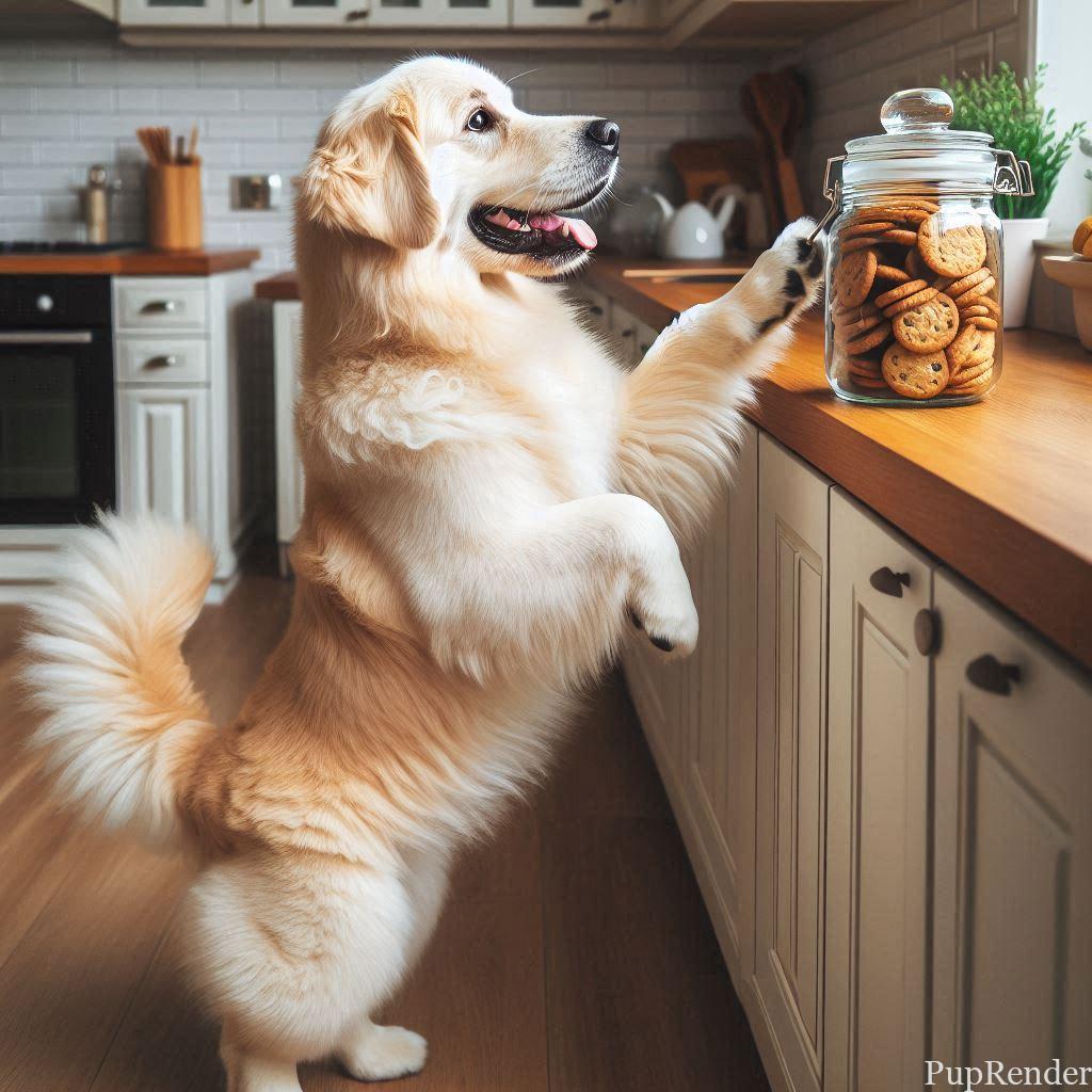 dog trying to get a treat from the counter