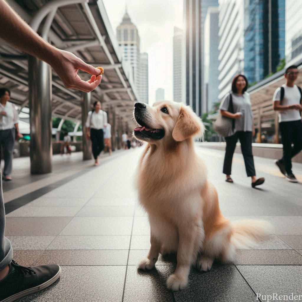 Happy dog receiving a treat from its owner.